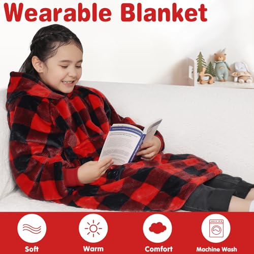 Image of Waitu Wearable Blanket for Kids, Wearable Blanket Hoodie Gifts for Teens Girls and Boys, Warm Blanket Sweatshirt for Teenage, Hoodie Blanket with Sleeves - Red and Black Plaid