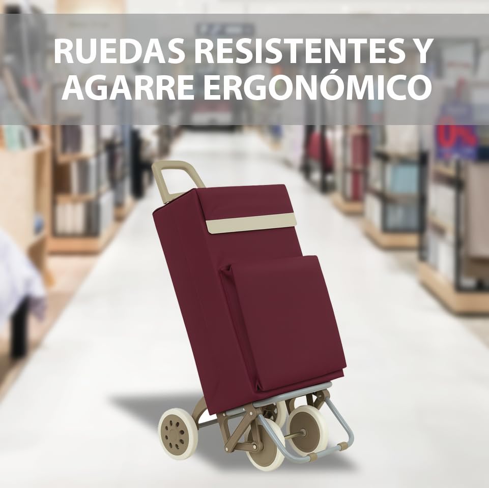 WEIDA Carro de la Compra 4 Ruedas | Bolsillo Exterior Térmico, Mango Ergonómico y Bolsa Impermeable Ideal para Congelados | Chasis con Apoyo Delantero y Base Abatible (1, Rojo Granate)
