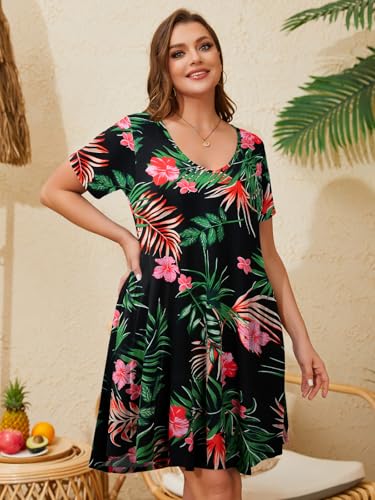 Image of ZENNILO Women's Plus Size Swing Dress with Pockets Casual Summer Dresses V Neck Short Sleeve T Shirt Dress for Women