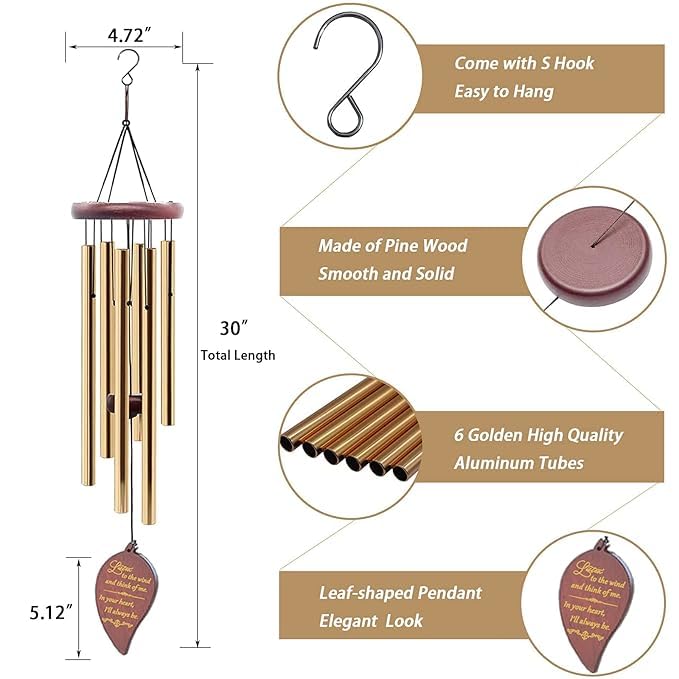 Image of Wind Chimes for Outside, 30 inch Wooden Sympathy Wind Chimes Memorial Wind Chime for Loss of Loved One Mother Father, Sympathy Gift Home Decor Outdoor Garden Patio (Gold)