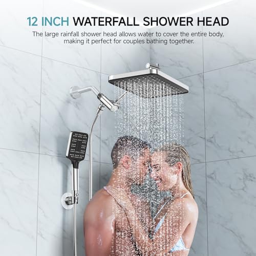 Image of High Pressure Rain Shower Head with Handheld Spray Combo Set, Adjustable 12 inch Rainfall Dual Shower Head, Double&Tandem Shower Head, Waterfall Showerhead Bathroom -Silver Chrome