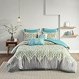 Madison Park Nisha Cotton Comforter Set, Breathable, Soft Cover, Trendy, All Season Down Alternative Cozy Bedding with Matching Shams, Full/Queen (90 in x 90 in), Teal 7 Piece