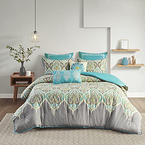 Madison Park Nisha Cotton Comforter Set, Breathable, Soft Cover, Trendy, All Season Down Alternative Cozy Bedding with Matching Shams, Full/Queen (90 in x 90 in), Teal 7 Piece