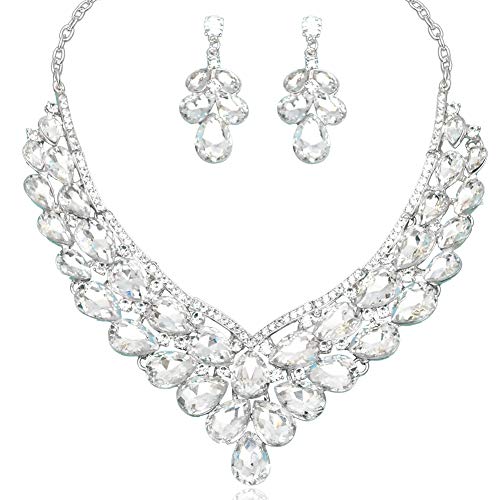 CSY Women's Austrian Crystal Teardrop Cluster Statement Necklace Dangle Earrings Wedding Bridal Costume Jewelry Set Accessories (White - Silver Tone)