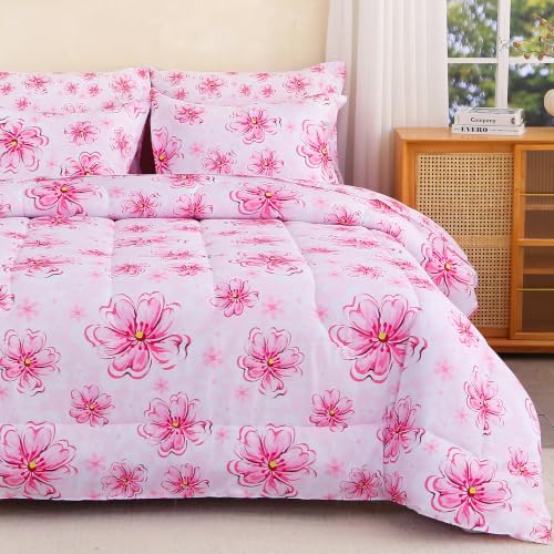 Image of lasoftan Floral Queen Comforter Set with Sheets, 7 piece Luxury Vintage Bedding, Soft Microfiber Bed in a Bag, Cozy Lightweight Bed Set, Pink Floral