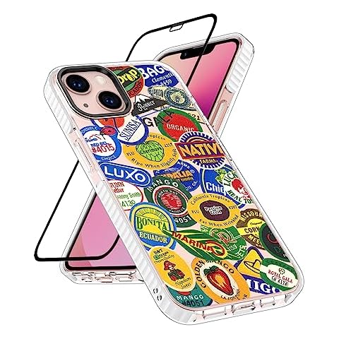 TRFAEE Phone Case Compatible with iPhone 13 Case,Shock-Absorbent Drop Protection Protective Soft Clear TPU Bumper Case Cover Designed for iPhone 13,Retro Fruits Stickers Labels Stamps Collection Cover
