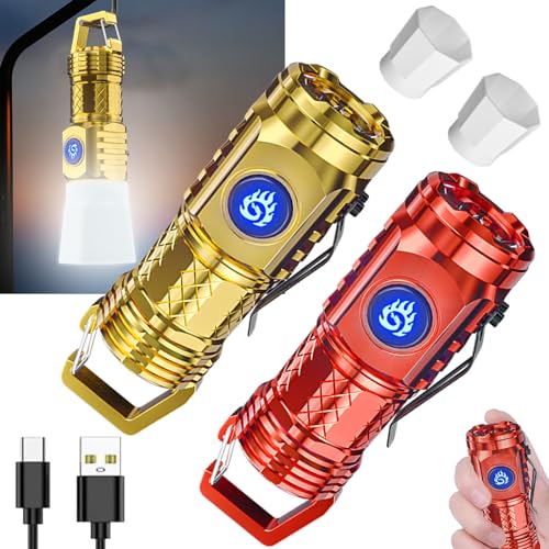 German Three-eyed Monster Mini Flashlight Thumb Flashlight, Mini Flash Super Power Flashlight, Multi-Functional Mini Pen Clip Flashlight Light Steel High Lumen Rechargeable Waterproof (Red+Gold)