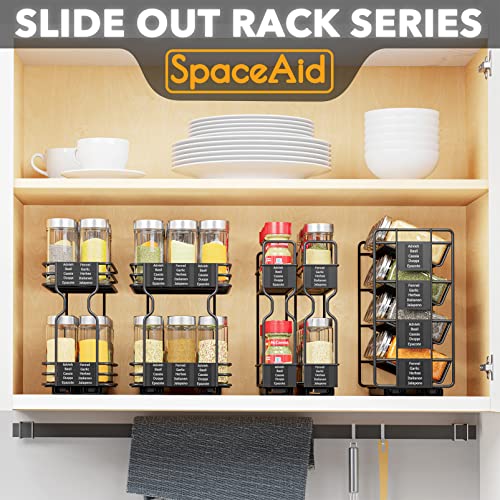 SpaceAid Pull Out Spice Rack Organizer with 20 Jars, Heavy Duty Slide Out Seasoning Organizer for Kitchen Cabinets, with 801 Labels and Chalk Marker, Left Facing, Clear (hg-5/1x4-black-dpz)