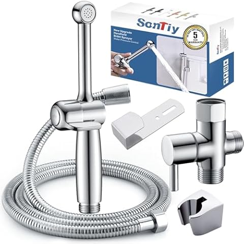 SonTiy Handheld Bidet Sprayer for Toilet, Brass Hand Held Bidet Attachment Jet Spray for Toilet with Backflow Preventer, Adjustable Water Pressure Control Cloth Diaper Sprayer with Bidet Hose, Chrome Cover