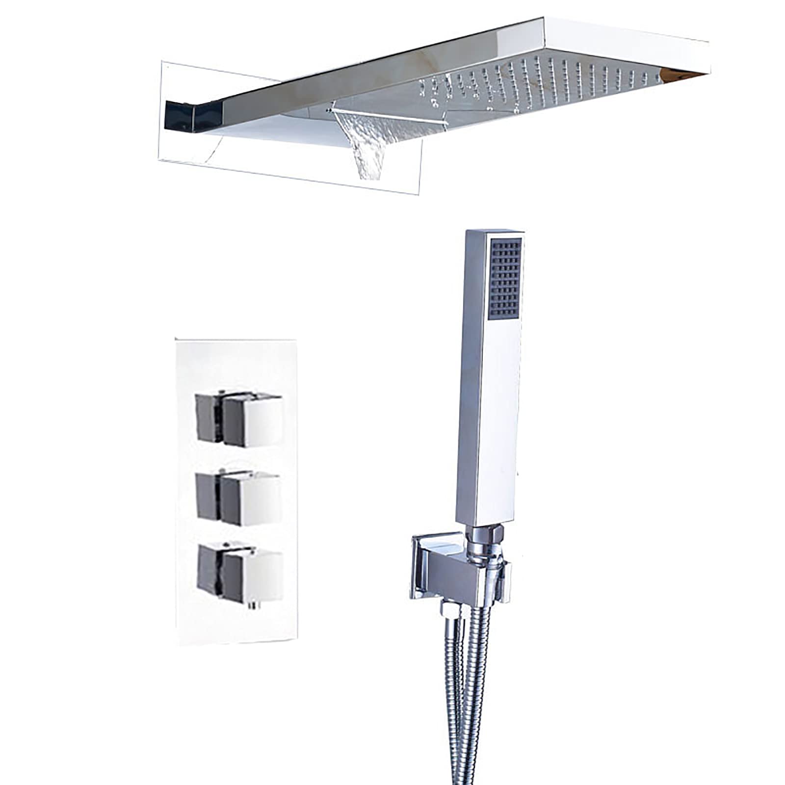 QUSYZD Rain Shower System Thermostatic Shower Faucet Set Wall Mounted Shower Combo Set Brass Rain Mixer Shower with Rainfall and Waterfall Shower Head, Handheld Shower,Chro,Chrome