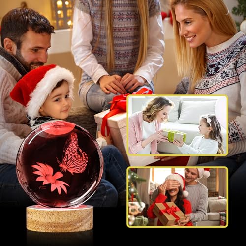 Image of 3D Crystal Ball Night Light with Wooden Base, 3.15 inch Butterfly & Flower Figurine Glass Lamp with 16 Colors, Cute Desk Decor for Bedroom Gifts