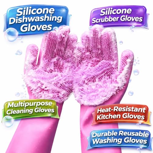 Image of Gloves Magic Silicone Dish Washing Gloves, Silicon Cleaning Gloves, Silicon Hand Gloves for Kitchen Dishwashing and Pet Grooming, Great for Washing Dish, Car, Bathroom (Pink, 1 Pair)
