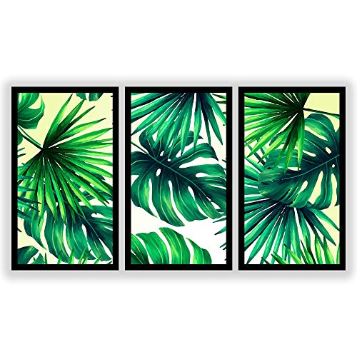 Kit 3 Quadros Decorativos Grandes com MOLDURA Folhas Tropicais Costela de Adão