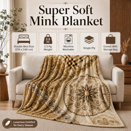 Image of Signature All Season Double Bed Blanket | Super Soft Plush, Lightweight & Cozy | 220 x 240 cm | 2.5 kg | Multi-Color Vibrant Print | Ideal for Winter, AC Use & Gifting (Golden Mandala)