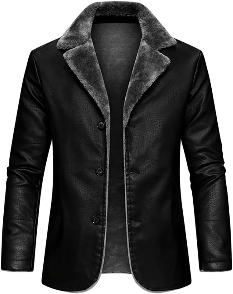 Men's Faux Leather Jacket Thick Faux Fur Shearling Lapel Collar Botton Down Long Trench Coats Black Brown