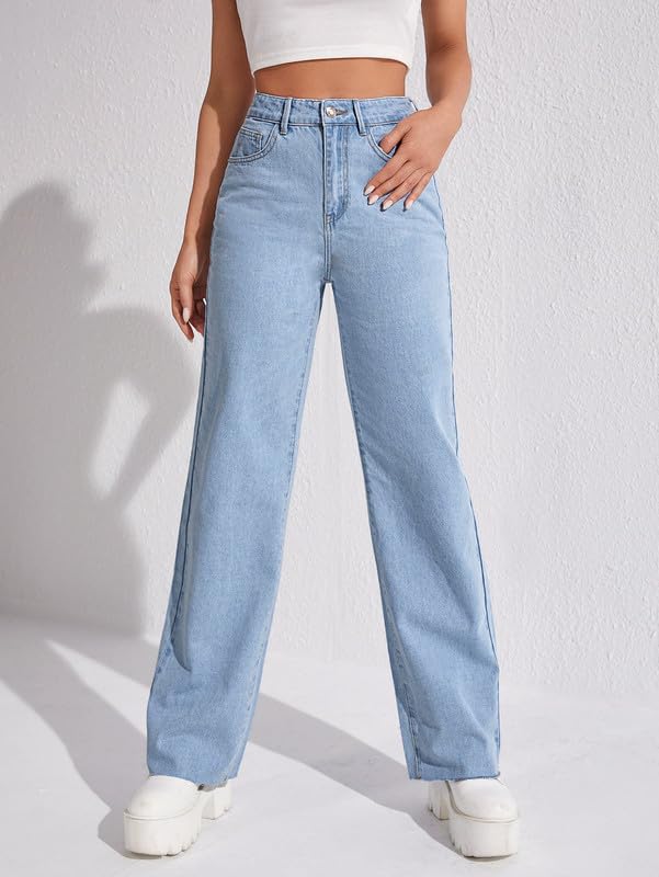 Image of DEELMO Women's High Waist Wide Leg Denim Jeans for Women | Straight Fit Full Length Casual Wear Pants