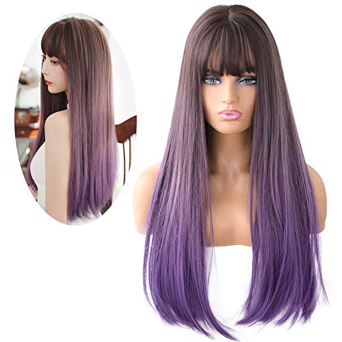 7JHH WIGS Hair Dye Wig for Women Synthetic Hair Natural Long Straight Wig With Bangs (25inch, Purple)