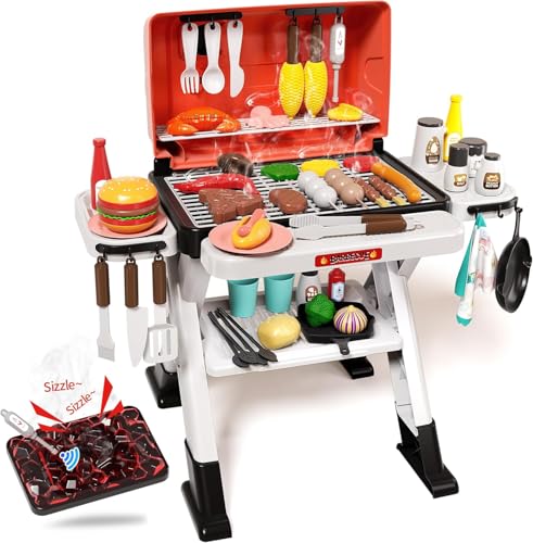 Large 60Pcs Kids BBQ Grill Playset with Real Steam Sound & Light - Interactive Pretend Play Kitchen Toy for Kids - Indoor Outdoor Backyard Camping Barbecue Set - Birthday Gift for Boys Girls Ages 3-8