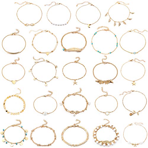 Yaomiao 24 Pieces Ankle Bracelet Ankle Chains Beach Foot Bracelet Adjustable Foot Chain Jewelry for Women Girls Party Weddings, 24 Styles (Gold)