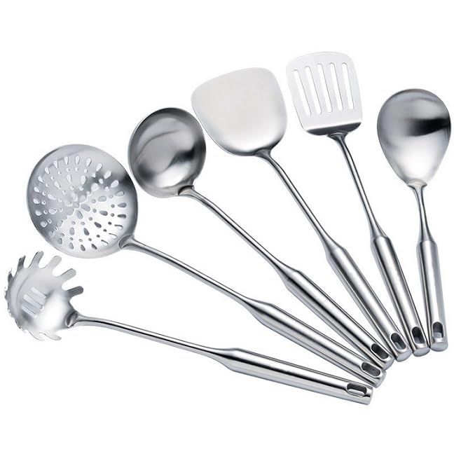 7 utensilios de cocina de acero inoxidable 316, espátula para freír, cuchara de sopa, cucharón, colador grande, espátula para freír, colador de pasta (plata, estante colgante de acero inoxidable 201)