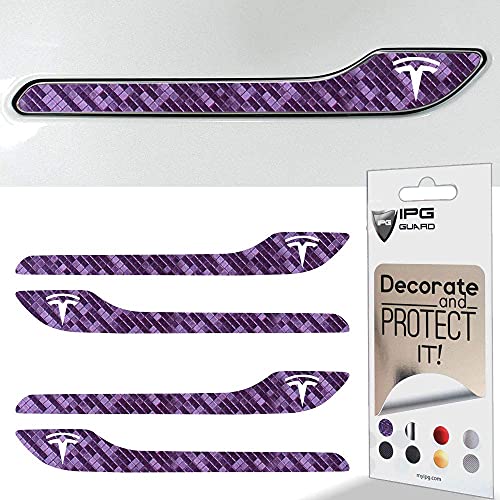 Image of IPG Compatible for Model 3 / Model Y /Juniper Door Handle Decal Sticker Wrap Kit (Set of 4) with Tesla Logo Personalize Your Tesla (Purple to Blue Chameleon)
