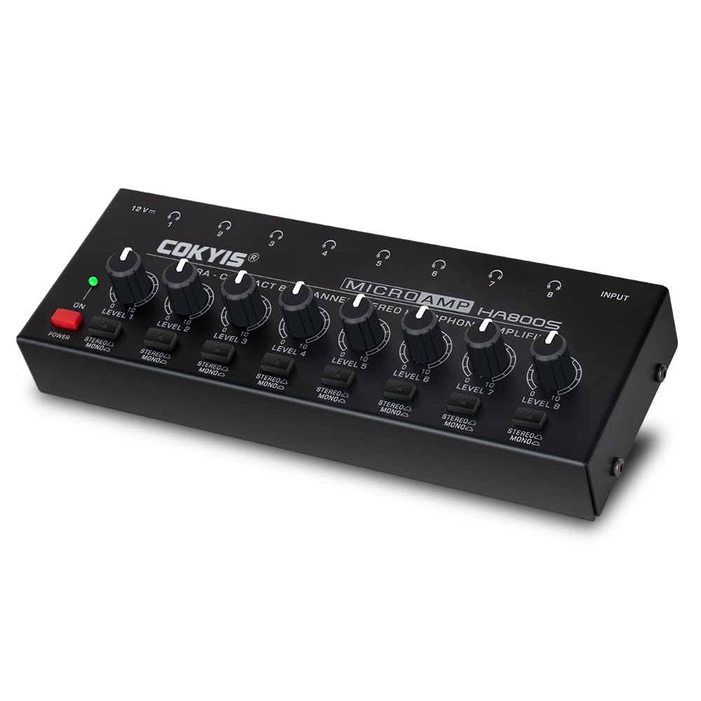 COKYIS Amplificatore per cuffie - Commutazione stereo/mono, mini amplificatore audio ultra compatto con amplificatore per cuffie aggiornato di potenza, 8 canali, adatto per mixer audio, metallo