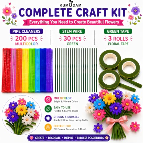 Image of Pipe Cleaners for Craft Flower Making Set, Fuzzy Chenille Stems and Fluffy Sticks with Floral Tape and Wire, for Kids Arts and Crafts (pipe cleaners-200 /stem wire-30 /green tape-3)