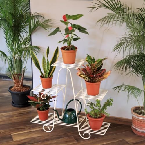 Image of Metal Plant Stand Flower Pot Stand with Multiple Tiers for Outdoor and Indoor Vase Stand Plants in a Living Room Hallway Pot Stand or Balcony, Home Decor Item Gamla Stand (White)
