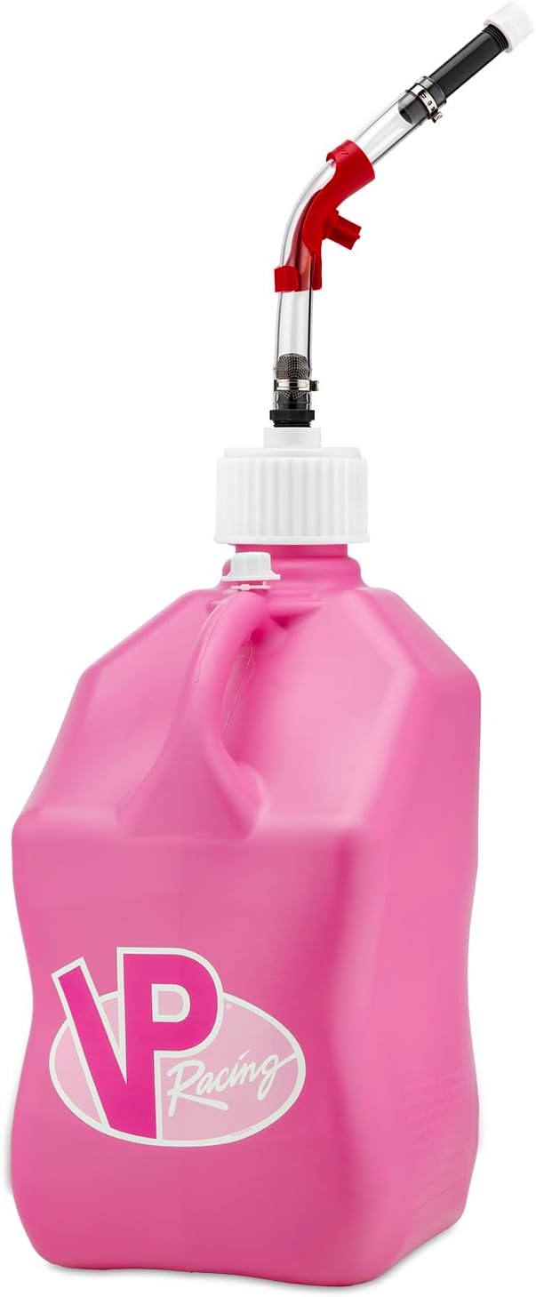 VP Racing 3812-CA, Square Motorsport Jug 5.5 Gallon -Pink, With Deluxe Filter Hose, Hose Bender, White Cap, and White Vent Cap – (1 Pack) VP Racing 3812-CA, Square Motorsport Jug 5.5 Gallon -Pink, With Deluxe Filter Hose, Hose Bender, White Cap, and White Vent Cap – (1 Pack)