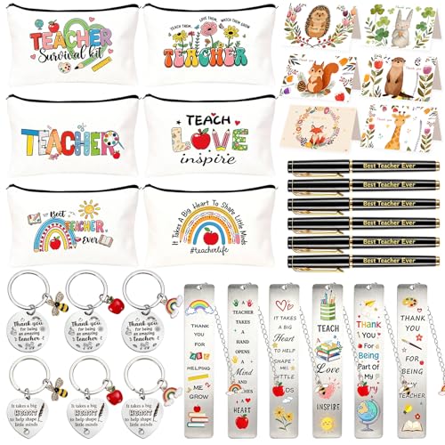 Huiboome 6 Set Thank You Teacher Gifts for Women Men - Teacher Gifts Make up Bags Bookmarks Keychain Black Pens Thank You Cards Teacher Appreciation Gifts for Nursery Teaching Assistant