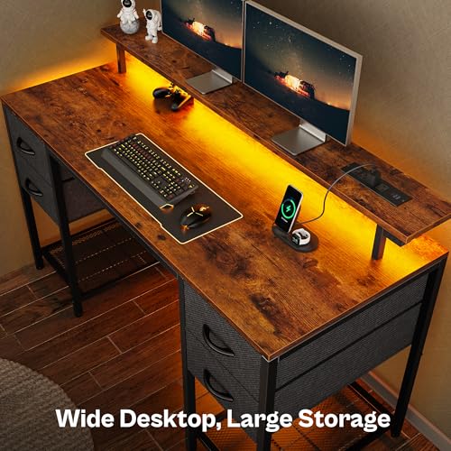 Image of Huuger 55 inch Computer Desk with 4 Drawers, Gaming Desk with LED Lights & Power Outlets, Home Office Desk with Large Storage Space for Bedroom, Work from Home, Rustic Brown