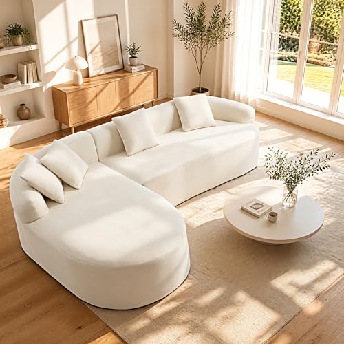 Image of 99 inch Curved Sectional Sofa, Beige, Left Chaise+Right Sofa | Modern Boneless Couch, Deep Seat, L Shaped 3-Seater Cloud Couch, No Assembly Needed, Chenille