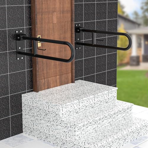 Image of Toilet Grab Bar 30.3 Inch Black, Munzong Anti-Slip Handicap Grab Bars with Paper Holder, Flip-Up Bathroom Safety Rails, Stainless Steel Knurled Support handrails for Seniors Elderly Disabled Pregnant