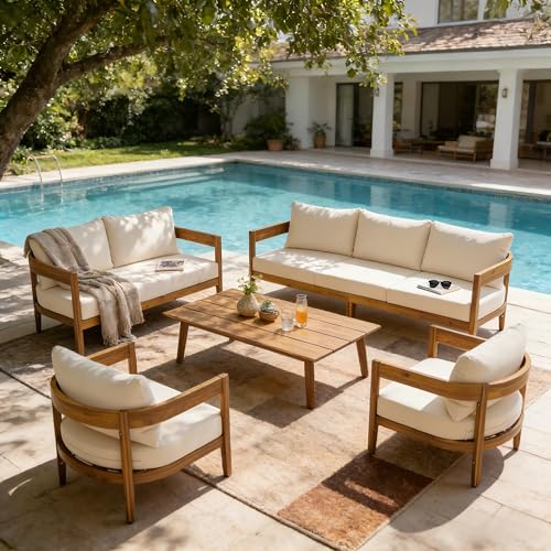 Merax 5pcs Outdoor Acacia Wood Conversation Set with 2 Chais,Loveseat,3-Seater Sofa and Coffe Table,with Cushions for Patio,Garden