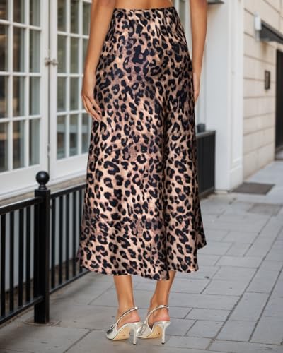 Women's Silk Satin Midi Skirt Elastic High Waisted A-Line Cheetah Print Leopard Long Skirts for Women Trendy3