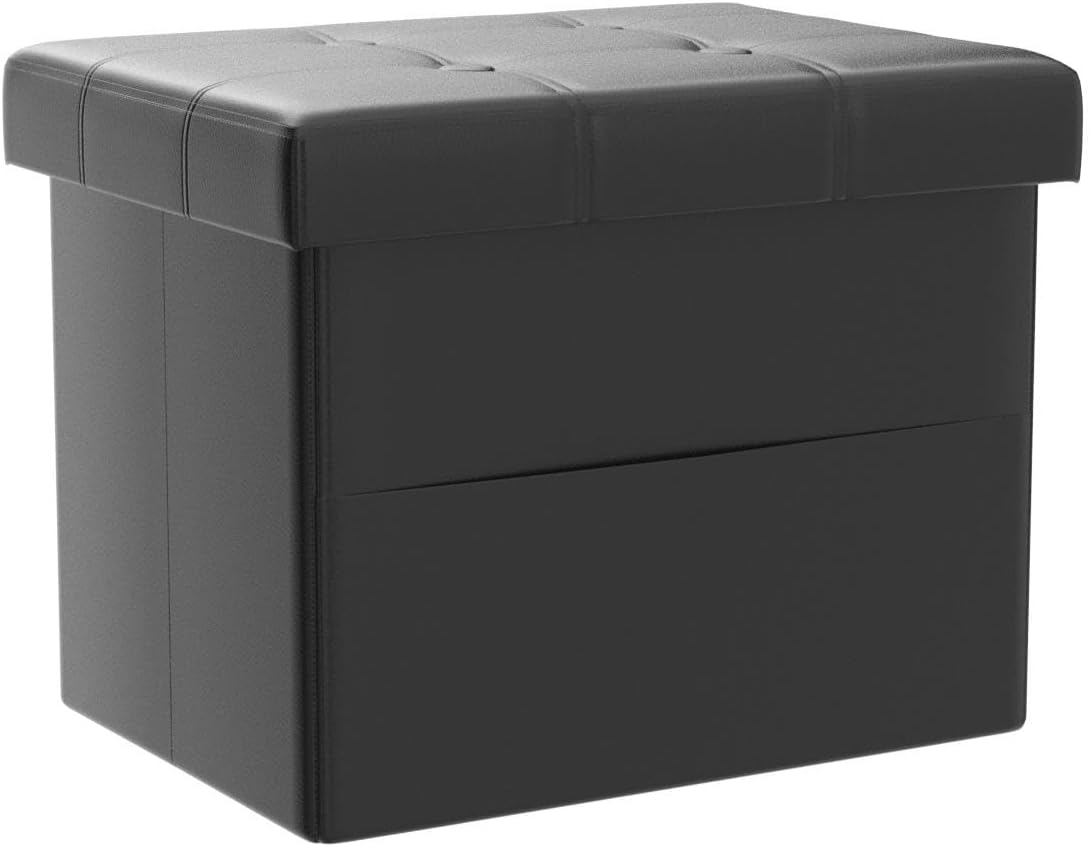 2PC Folding Storage Ottoman with Side Pocket,16 inch Leather Ottoman Seat for Living Room Bedroom or Dorm, Foot Rest for Couch, Foot Rest Footstool,16X12X12in Black(2PC)