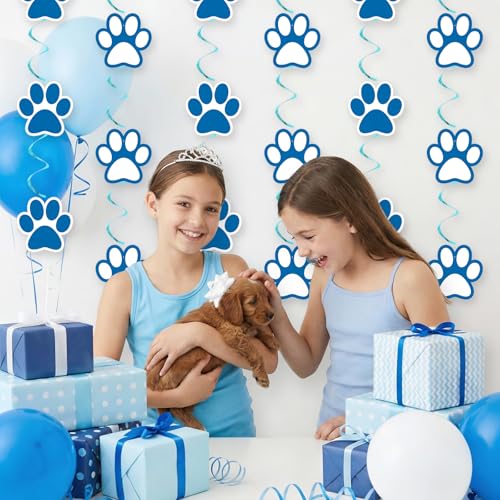 Image of 24 Pcs Dog Paw Prints Themed Party Hanging Swirl Blue White Puppy Birthday Decorations Banners Paw Prints Ceiling Streamers for Pets Birthday Baby Shower Party Favors Supplies