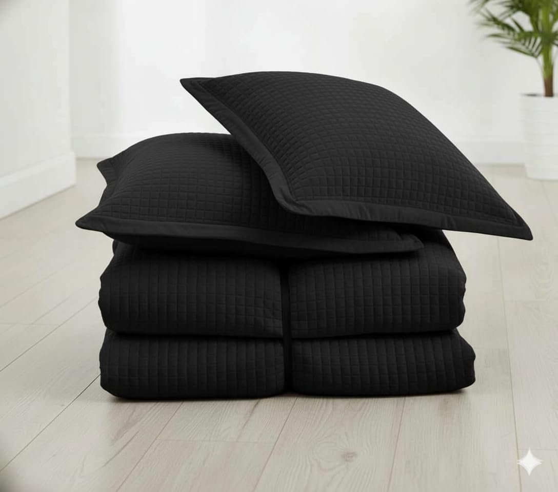 sheetsnthings Luxury Quilted Coverlet Set - 3-Piece Wrinkle-Free Microfiber Comfy Bedspread with Matching Pillow Shams (Queen, Black)