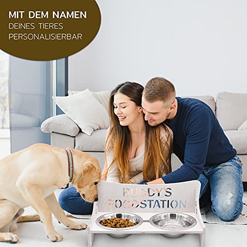 Futterbar für Hunde und Katzen – Personalisierbar – aus Holz – Schwarz, Grau, Natur – Groß und Klein – Futternapf aus Metall (Klein, Grau)