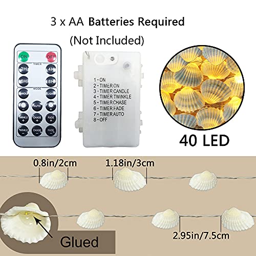Starryfill Ocean Real Seashell 0.8"(H) 40 LED String Lights 13.85Ft Battery Operated Waterproof Warm White with Timer and Remote Control for Beach Themed Decoration Indoor Covered Outdoor Birthday