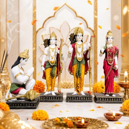 Image of ARMONIA Ram Darbar with Ram, Laxman, Sita & Hanuman Murti Idol Statue for Home Decor Temple | Marble Dust Finish- Multicolour - 30 cm | Best Gift for Wedding & Housewarming (Inside 1 Microfiber Cloth)