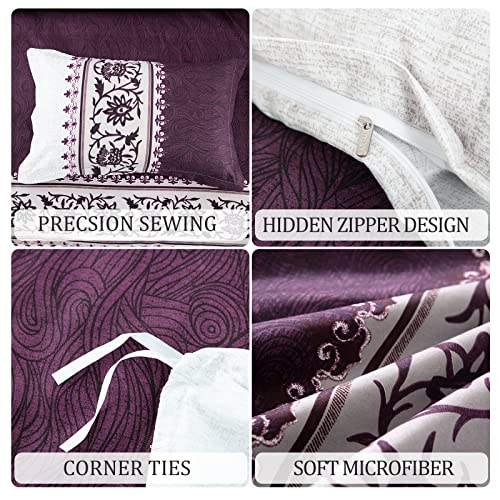 Purple Duvet Cover Reversible Purple Beige Printed Quilt Cover Soft Microfiber Bedding Set with Zipper Closure (Single Size,135x200cm)