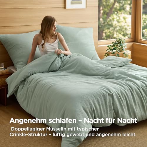 Image of BEDSURE Muslin Bed Linen 135 x 200 cm 4-Piece - Green, 80 x 80 cm Pillows, Oeko-Tex | 100% cotton bed linen sets, 2 duvet covers 135 x 200 cm and 2 pillowcases 80 x 80 cm, with zip, soft, breathable