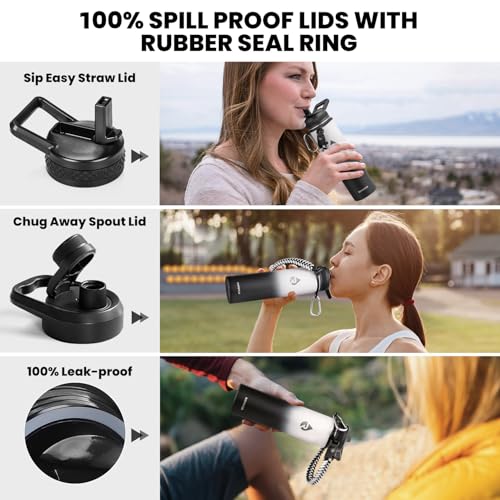 Image of RAYMYLO Insulated Water Bottle 24 oz, Triple Wall Vacuum Stainless Steel (Cold for 24Hrs, Hot for 12Hrs), Leak Proof & Non-BPA, Modern Water Flask Jug with Paracord Handle & Straw Spout Lids