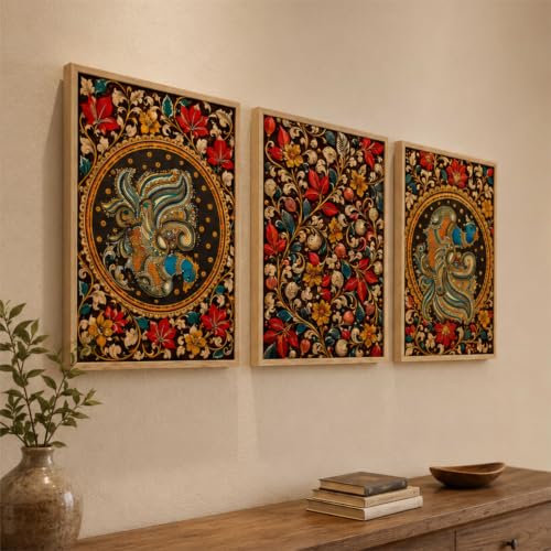 Image of Livin'luxe Set of 3 Abstract Peacock Flowers Wall Paintings for Living Room Bedroom Home Decor with Premium Wooden Color Synthetic Frame (13.5 x 19.5 Inch) NM03-72
