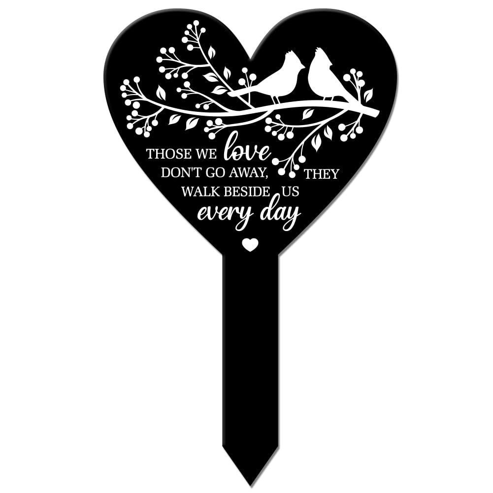 GLOBLELAND Heart-Shaped Bird Branch Memorial Plaque Stake for Cemetery Acrylic, 10x6.2 Inch, Black, 258x158mm/10x6.2inch
