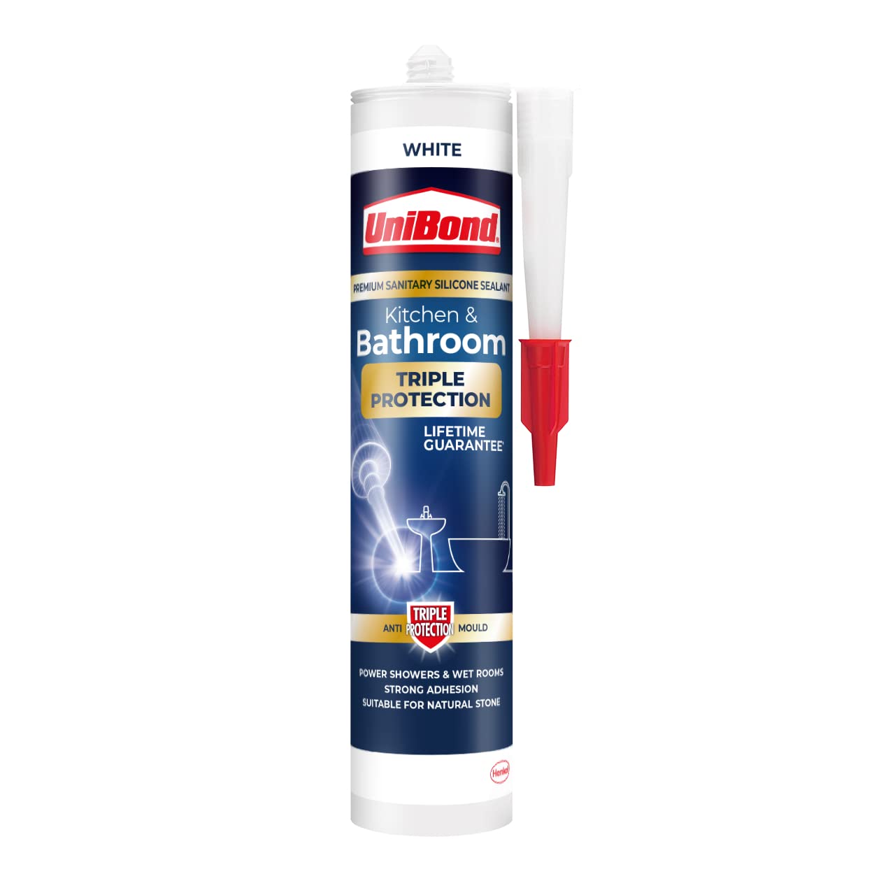 UnibondTriple Protection Stop Mould Silicone Sealant For Kitchen & Bathrooms, White Silicone Sealant Repels, Kills and Prevents Mould Growth, Long-Lasting Shower Sealant, 1x291g Cartridge