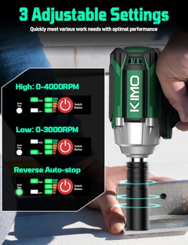 Image of KIMO Impact Wrench 1 /2 Cordless, Impact Gun for Car Tire, 20V Impact Driver | 550N.m (410ft-lbs), 4000RPM /3500IPM , 4 Sockets, 9-Piece Drill& Driver Set, Safety Lock, Variable Modes, 4000mAh Battery