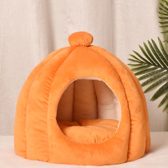 Poxvalzor 猫ベッド 猫ハウス ペットベッド ドーム型 暖かい ふわふわ もこもこ ペット用品 保温防寒 冬寒さ対策 キャットハウス 猫/犬/小動物/ペット用寝袋 ケージ 室内用 ペットハウス 冬用 ぐっすり眠れる休憩所 ベ ッド 寝床 クッション付き (オレンジ)