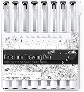 Fineliner Pen, Ohuhu zestaw 8 długopisów do rysowania, 8 różnych rozmiarów końcówek, 7 cienkich markerów i pisak pędzelkowy, czarny atrament, cienka linia do rysowania szczegółów i ilustracji,